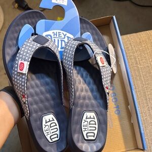 Hey Dude Navy and White Flip Flops